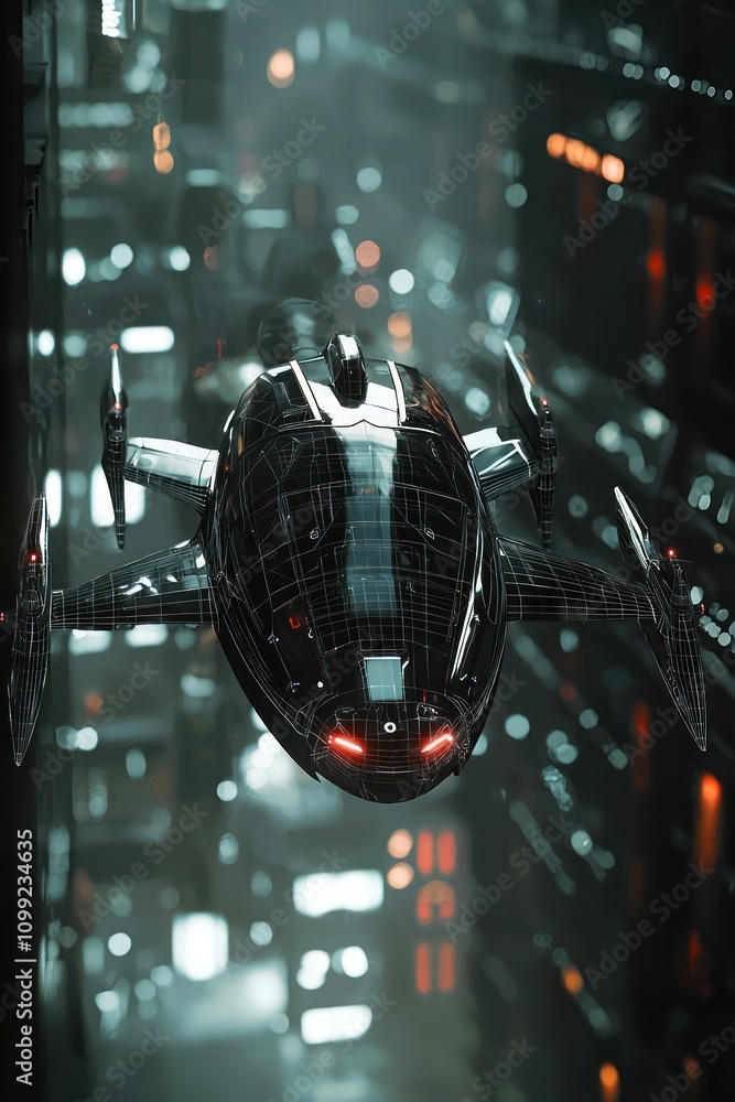Poster high-tech backdrop displays a wireframe rendering of a personal flying vehicle.
