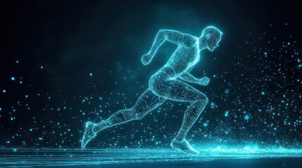 Obraz premium Digitized sports motion emphasized by a glowing 3D wireframe of a runner.