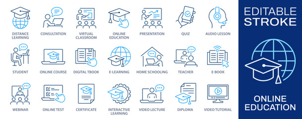 Online education line icons, such as audio lesson, home schooling, e-learning and more. Vector illustration. Editable stroke.