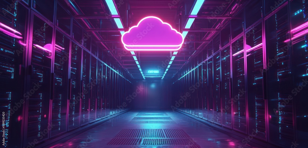 Poster visualization of data storage and digital communication in a neon-lit server room.