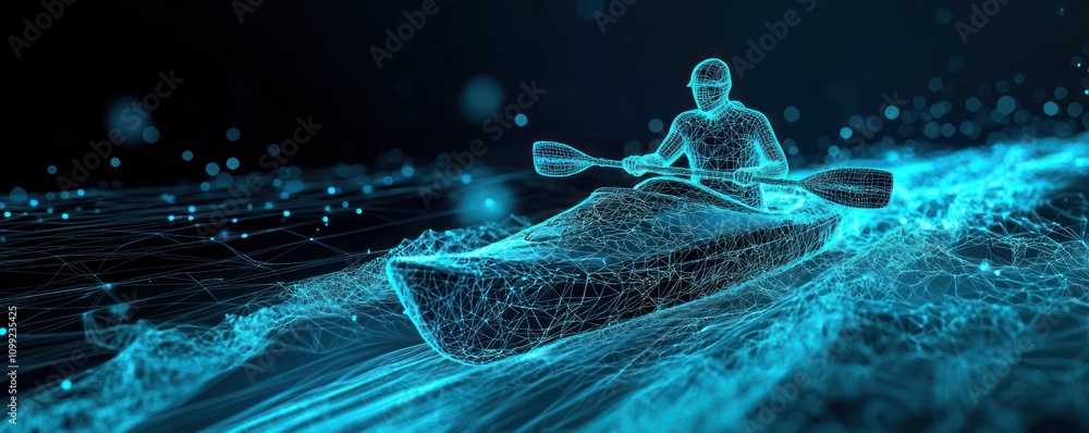 Poster high-definition vr visualization of a kayak in wireframe on a digitally rendered river course.
