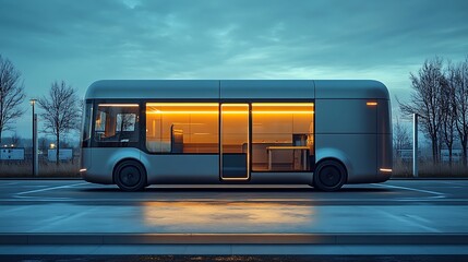 A minimalist delivery van at a rest stop, highlighting efficient transport systems, 
