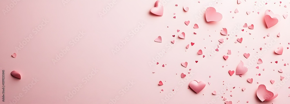Poster a clean and minimalist design with a soft blush pink gradient and scattered heart confetti, leaving 