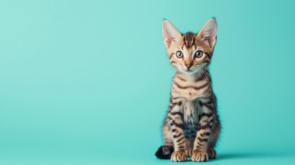 Obraz premium Adorable Bengal Kitten on Teal Background Pet Cute Cat