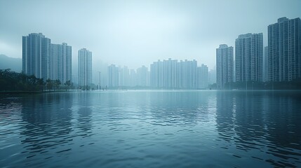 Obraz premium Towering cityscape submerged in the aftermath of heavy rainfall with buildings and infrastructure partially or fully engulfed by floodwaters