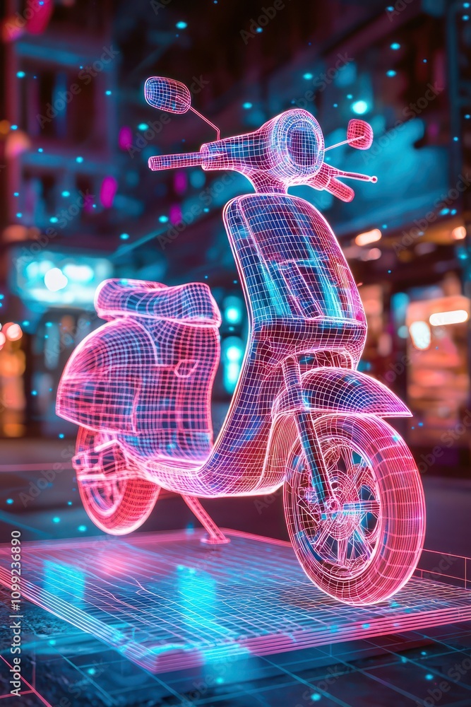 Poster wireframe scooter showcased in a dynamic augmented reality setting, displayed vibrantly.