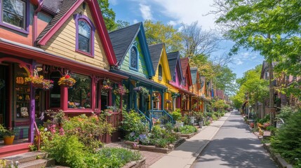A vibrant street lined with colorful buildings under a bright blue sky, clean sidewalks, and lush greenery adding charm.