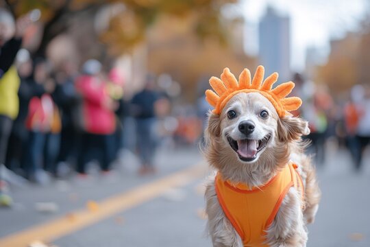 A dog wearing a turkey costume running alongside its owner during the Turkey Trot