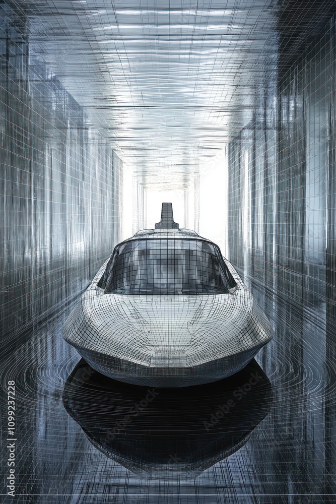 Poster wireframe hovercraft showcased navigating a virtual channel in high resolution.