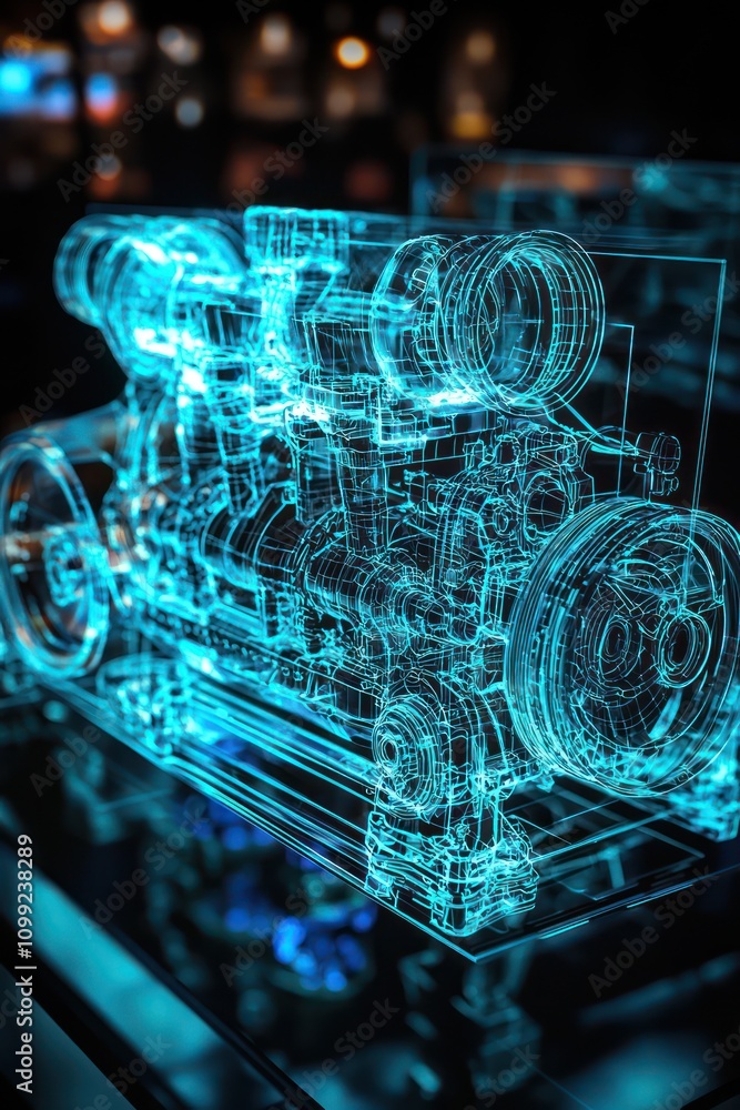 Poster detailed visualization of a car engine's complex structure via holographic display.