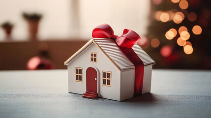 A charming gift-wrapped white house model ideal for new home celebrations, Christmas, or housewarming events. Perfect for real estate marketing or festive greetings.