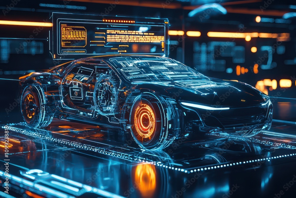 Poster wireframe intersection in a 3d illustration integrates a car with a digital ui environment.