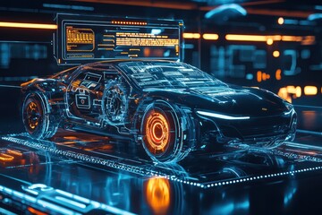 Obraz premium Wireframe intersection in a 3D illustration integrates a car with a digital UI environment.