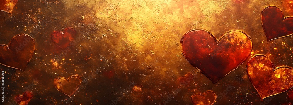 Poster a luxurious gold and red textured background with abstract heart patterns, leaving an open space in 