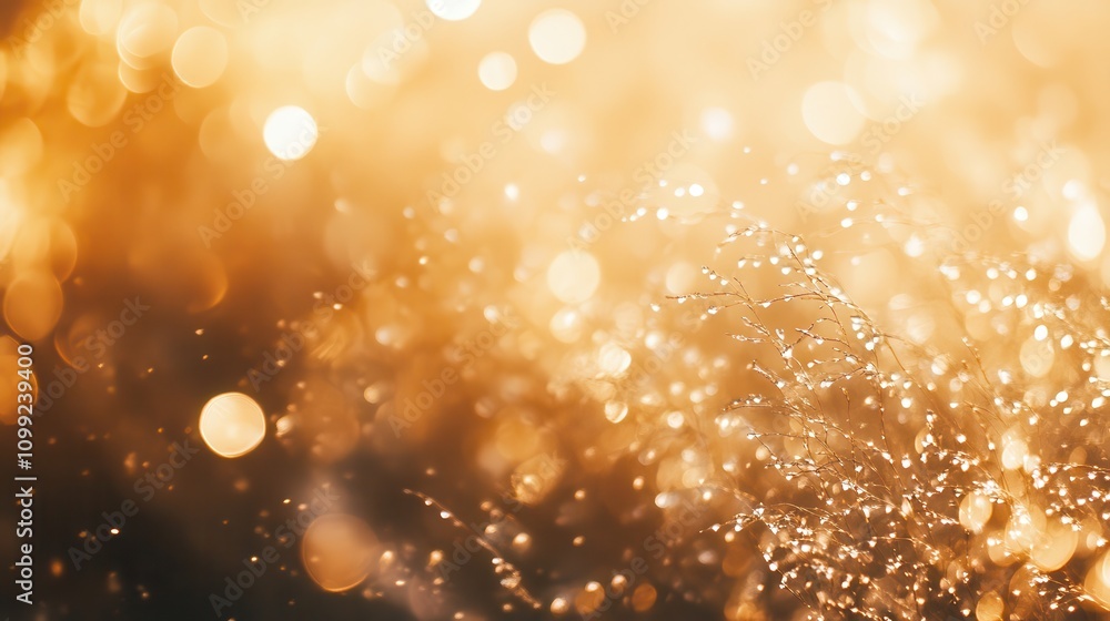 Poster a shimmering golden background with sparkling water droplets and bokeh effect.