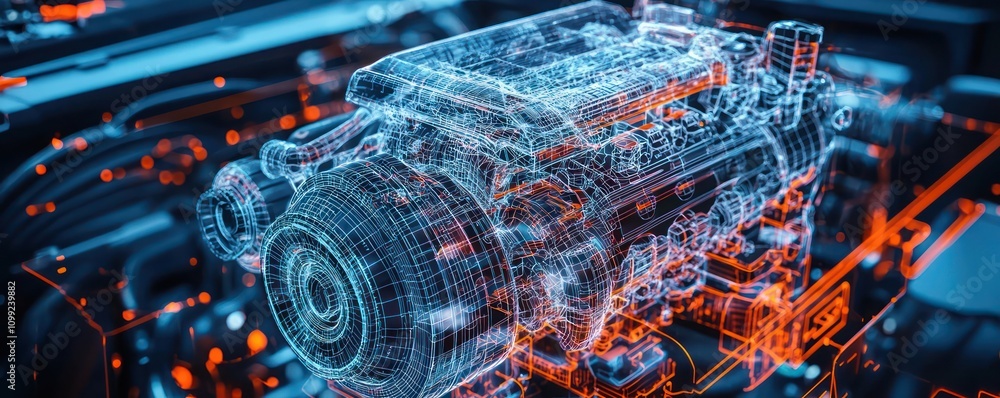 Poster dynamic lighting effects enhance a digital wireframe hypercar moving through virtual space.