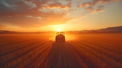 Fototapeta premium Tractor in action at sunset agriculture farm in the countryside scenic landscape warm environment nature concept