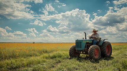 Obraz premium Tractor in action farming the countryside agricultural landscape vibrant fields scenic viewpoint rural life concept