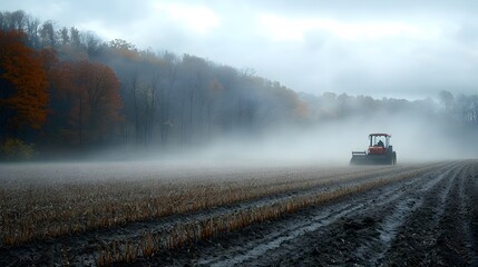 Tractor working the fields countryside farm in misty morning agricultural scene nature's tranquility aerial view rural life concept