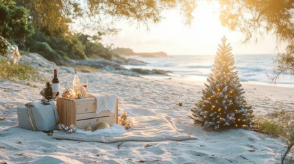 A beach picnic setup with a pastel-colored blanket, a pic