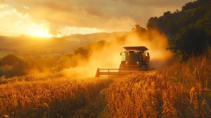 Fototapeta premium Sunset harvest action countryside farm agriculture content dusty environment wide viewpoint tractor concept