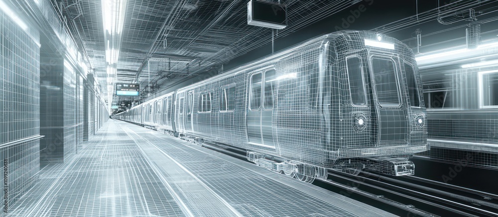 Poster digital depiction of an interactive wireframe subway train in a vr underground transit system.