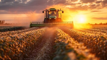 Fototapeta premium Tractor harvesting crops at sunset countryside farm agricultural action scene nature's bounty dynamic viewpoint of farming life