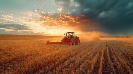 Fototapeta premium Tractor in action tilling fields countryside farm landscape agricultural work dramatic sky at sunset