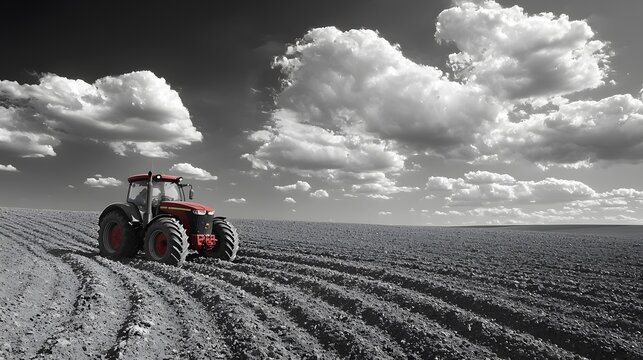 Tractor tilling soil in countryside farm agriculture action scene wide angle perspective with dramatic cloudy sky