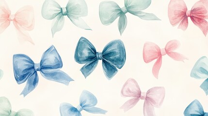 A pattern of watercolor bows in various pastel colors on a light background.