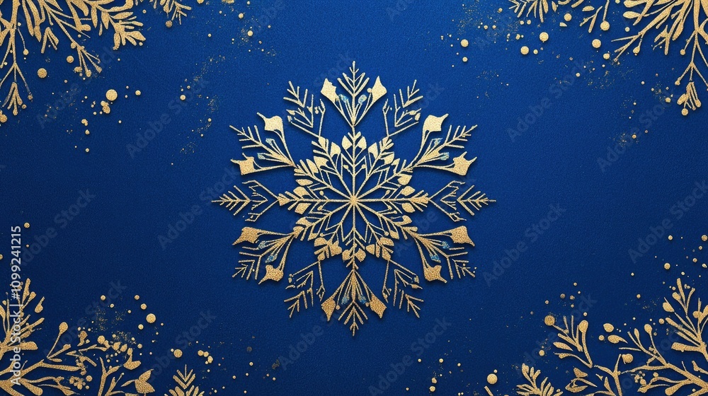 Poster minimalistic snowflake pattern in symmetrical geometry, centered on a vibrant blue invitation card w