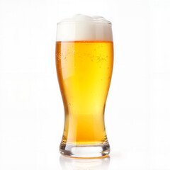 Glass of golden beer with foam on white background, refreshing drink