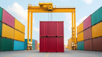 Fototapeta premium Cargo containers being moved by cranes at a large shipping dock, Shipping Dock, Cargo Containers, Industrial Transportation