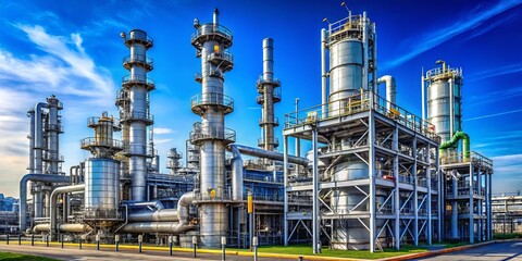 Fototapeta premium A Comprehensive View of a Modern Petrochemical Plant Featuring Intricate Piping Systems and Distillation Towers, Illustrating Advanced Chemical Production Processes