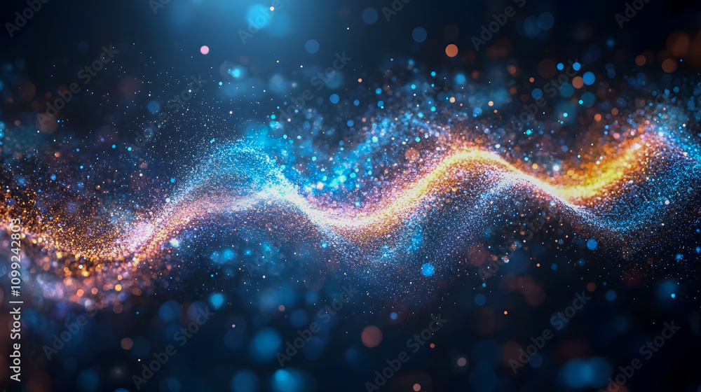 Poster vibrant optical wave with glowing particles and sparkling dust on dark background for abstract desig