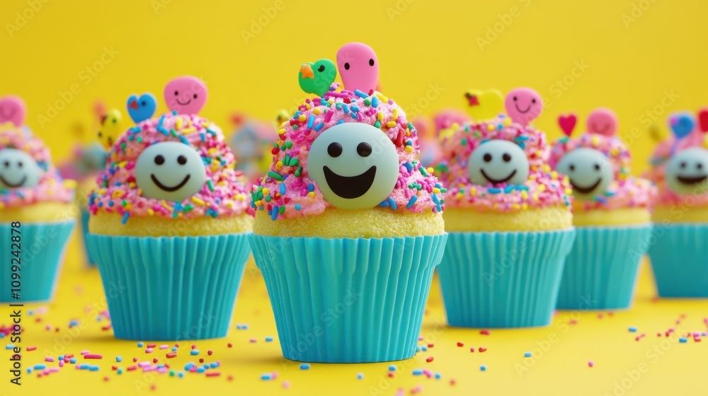 Poster a cheerful yellow background with rows of cute cupcakes topped with colorful sprinkles and smiling f