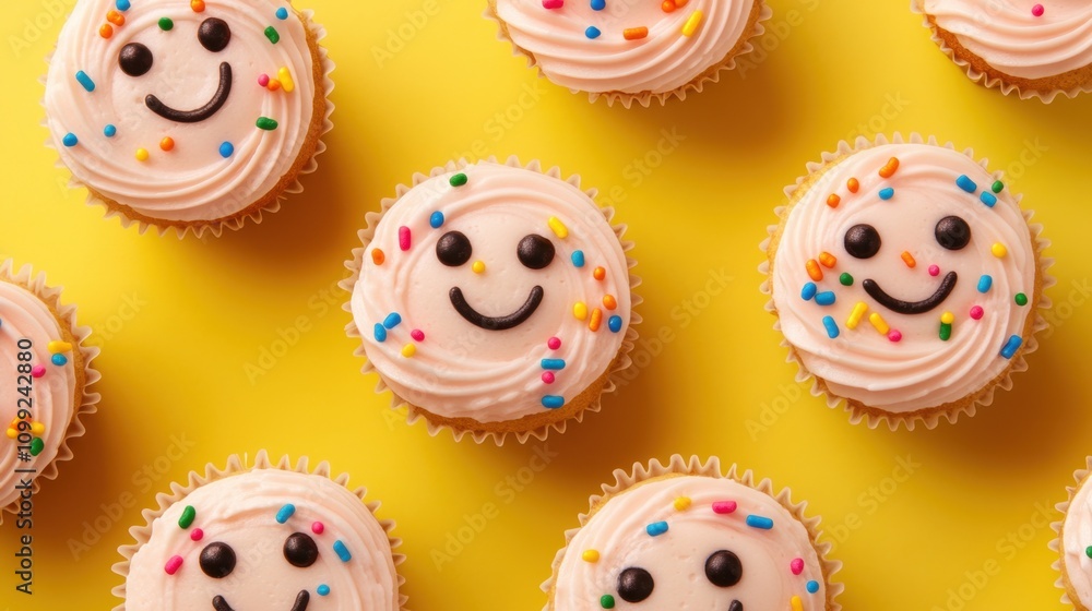 Poster a cheerful yellow background with rows of cute cupcakes topped with colorful sprinkles and smiling f