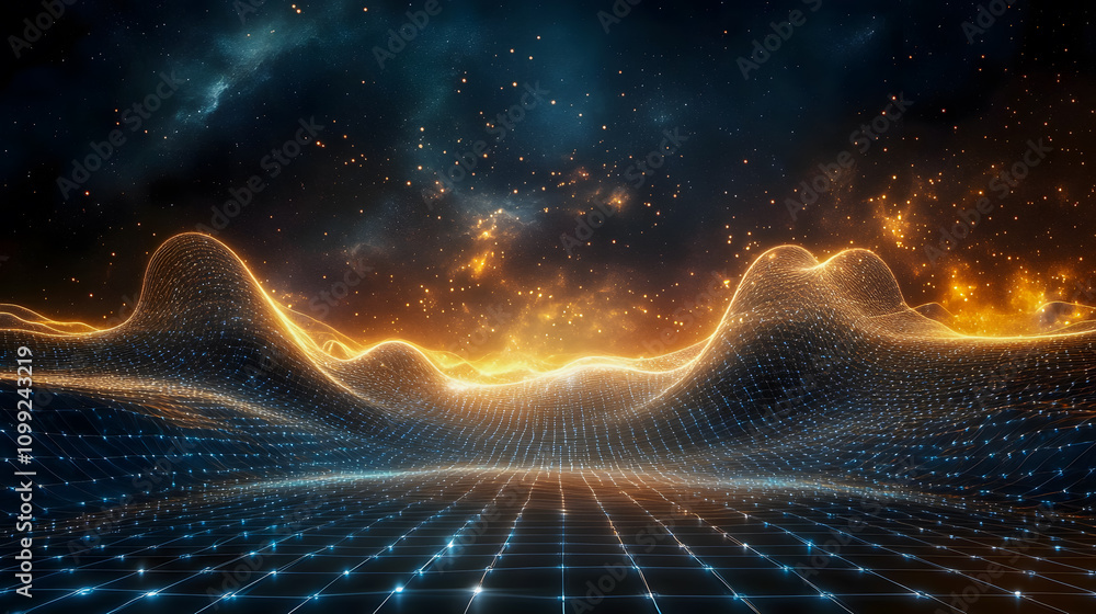 Poster futuristic landscape with glowing waves, digital grid, cosmic background of stars and nebula, surrea