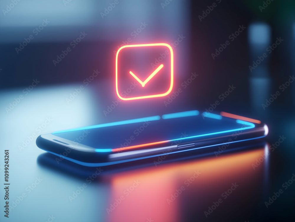 Poster a futuristic smartphone displays a glowing checkmark icon above its screen, symbolizing notification