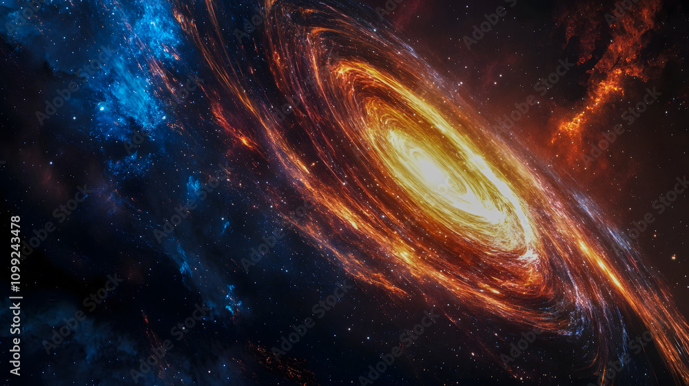 Poster vivid spiral galaxy with bright core surrounded by colorful cosmic clouds and stars in deep space, c
