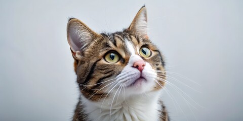 Obraz premium Adorable Cat Gazing Upward on a Pure White Background, Capturing the Essence of Curiosity and Playfulness in Portrait Photography for Pet Lovers and Cat Enthusiasts