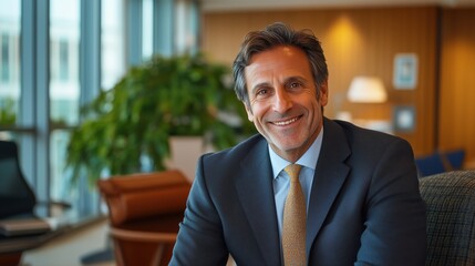 Fototapeta premium Confident Middle-Aged Businessman Smiling in a Luxurious Office 