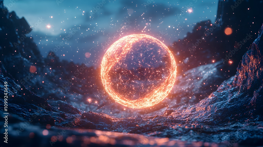 Poster glowing orb surrounded by sparkling particles in a mystical landscape with dramatic lighting and tex