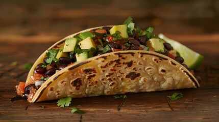 The photo showcases a vegan taco filled with black beans, avocado, and salsa, garnished with cilantro and lime, set on a wooden table Photography, National Geographic Style, spectacular backdrops, viv