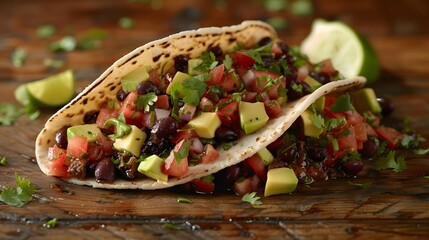 The photo showcases a vegan taco filled with black beans, avocado, and salsa, garnished with cilantro and lime, set on a wooden table Photography, National Geographic Style, spectacular backdrops, viv