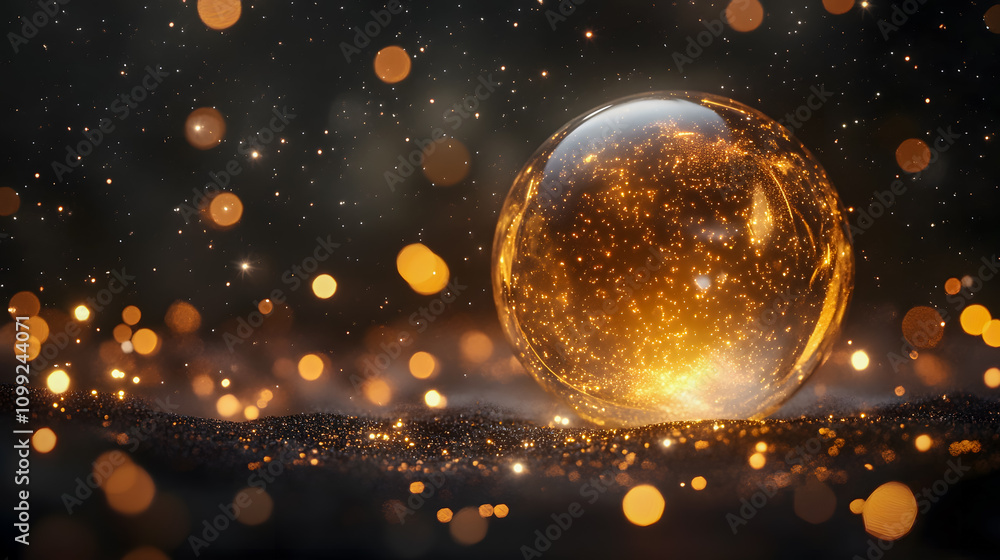 Poster enchanted glowing orb surrounded by luminous particles and sparkling dust in a captivating dark back