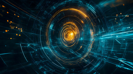 Fototapeta premium Futuristic Abstract Digital Tunnel with Orange and Blue Light Trails, Technology Concept, Virtual Reality Background, High-Speed Data Transmission Effect