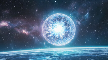 Naklejka premium Stunning Cosmic Explosion Illuminating Starscape with Vibrant Celestial Colors over Earth View in Deep Space
