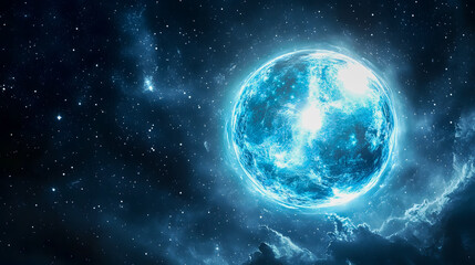 Obraz premium Majestic Blue Planet Surrounded by Starry Night Sky with Ethereal Clouds and Cosmic Atmosphere in a Stunning Celestial Display