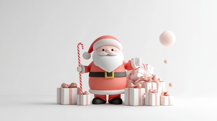 Cheerful Cartoon Santa Claus with Gifts and Candy Cane Surrounded by Festive Presents in a Bright Minimalist Setting for Holiday Celebrations